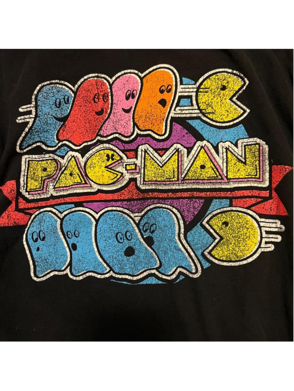 Retro Pac-Man graphic tee featuring colorful ghosts and distressed arcade-style - Picture 2 of 4